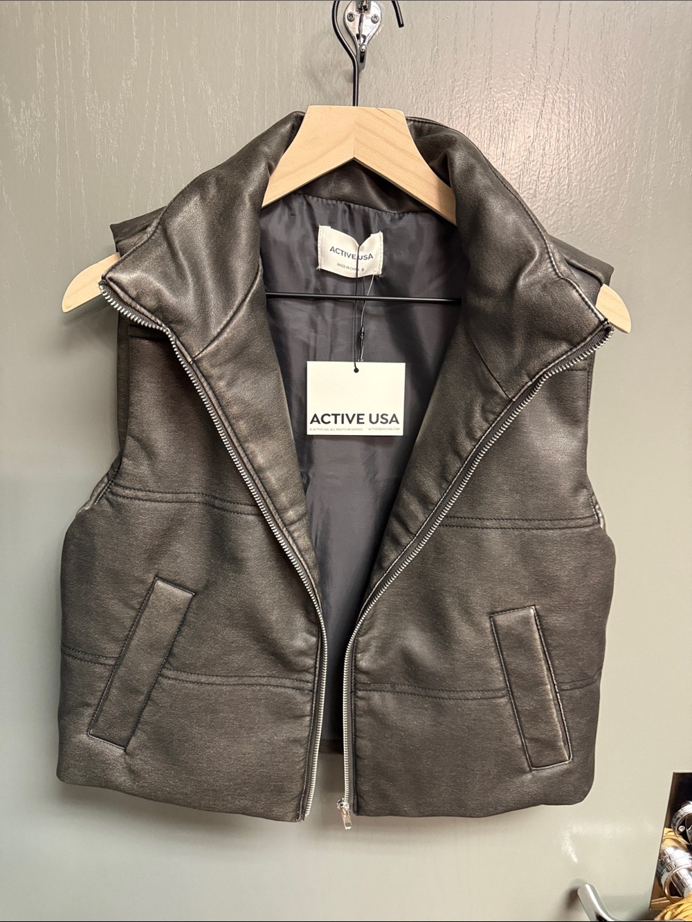 Active USA Charcoal Faux Leather Zip Vest